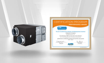 A photo of LG Air-to-Air Energy Recovery Ventilator (ERV) and its certification from Air-Conditioning, Heating & Refrigeration Institute (AHRI) Performance Award