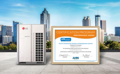A photo of LG Variable Refrigerant Flow (VRF) and its certification from Air-Conditioning, Heating & Refrigeration Institute (AHRI) Performance Award