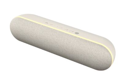 The LG StanbyME speaker with edge lighting and six buttons displayed on the top for power, Bluetooth, volume, and playback