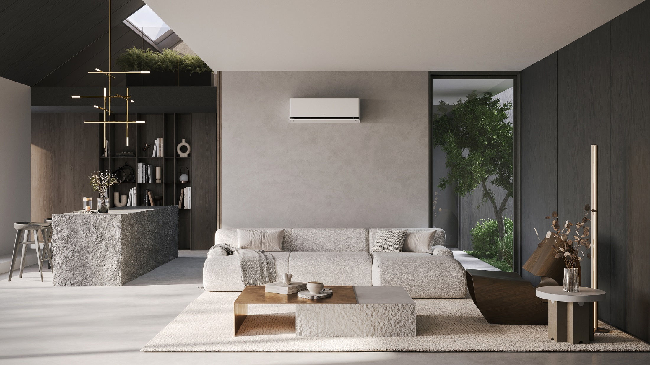 A photo of the LG DUALCOOL air conditioner set up in a living room 
