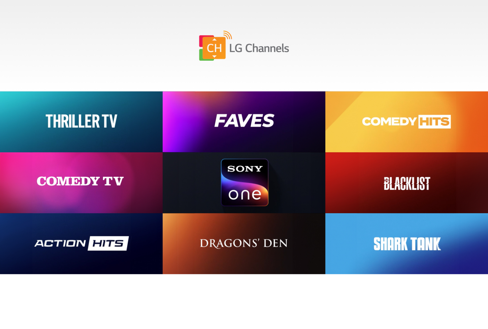 Infographic displays content from Sony ONE Channel, including Thriller TV, Faves, Comedy HITS, Comedy TV, Blacklist, Action HITS, Dragons’ Den and Shark Tank