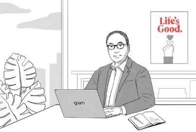 An illustration of a man sitting on a desk with an LG Gram and the logo behind him