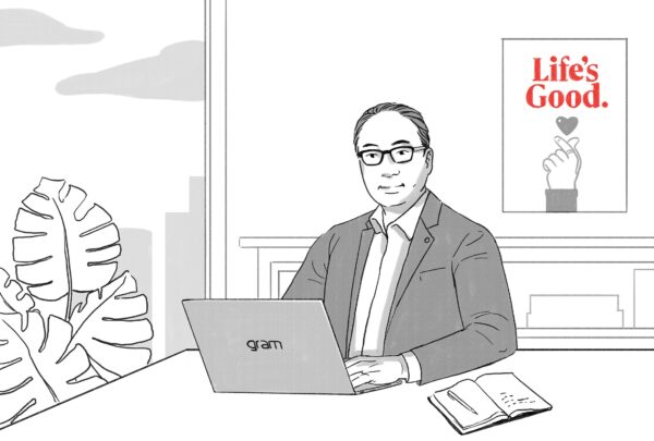 An illustration of a man sitting on a desk with an LG Gram and the logo behind him