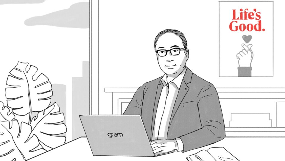 An illustration of a man sitting on a desk with an LG Gram and the logo behind him