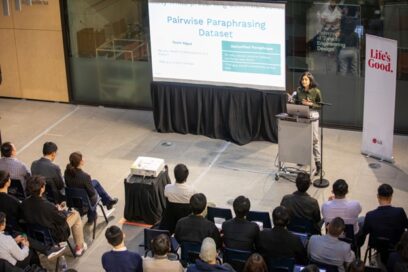 A picture of senior AI research scientist, Manasa Bharadwaj presenting at the event