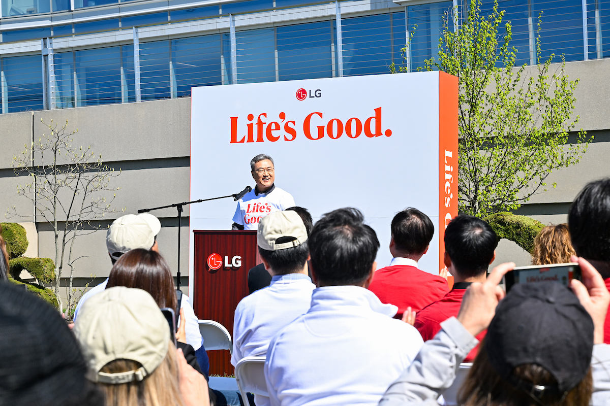 Chris Jung, President and CEO of LG Electronics North America, speaks at the Life’s Good Earth Day Fair, Monday, April 22, 2024, at the LG Electronics North American Innovation Campus in Englewood Cliffs, NJ. The event hosted a range of activities that highlighted the importance of sustainable practices including an e-waste drive and the unveiling of the new pollinator garden at LG's headquarters. (Diane Bondareff/AP Images for LG Electronics)