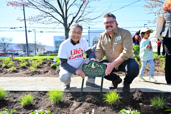 Chris Jung, left, President and CEO of LG Electronics North America, and naturalist Dave Mizejewski, of the National Wildlife Federation, unveil the new pollinator garden at Life’s Good Earth Day Fair, Monday, April 22, 2024, at the LG Electronics North American Innovation Campus in Englewood Cliffs, NJ. Earning a Certified Wildlife Habitat® certification through the NWF, LG's garden is outfitted with native plants, designed to attract a mixture of pollinators, such as bees, butterflies, moths, and beetles, which will encourage biodiversity, plant growth, clean air, and support wildlife. (Diane Bondareff/AP Images for LG Electronics)