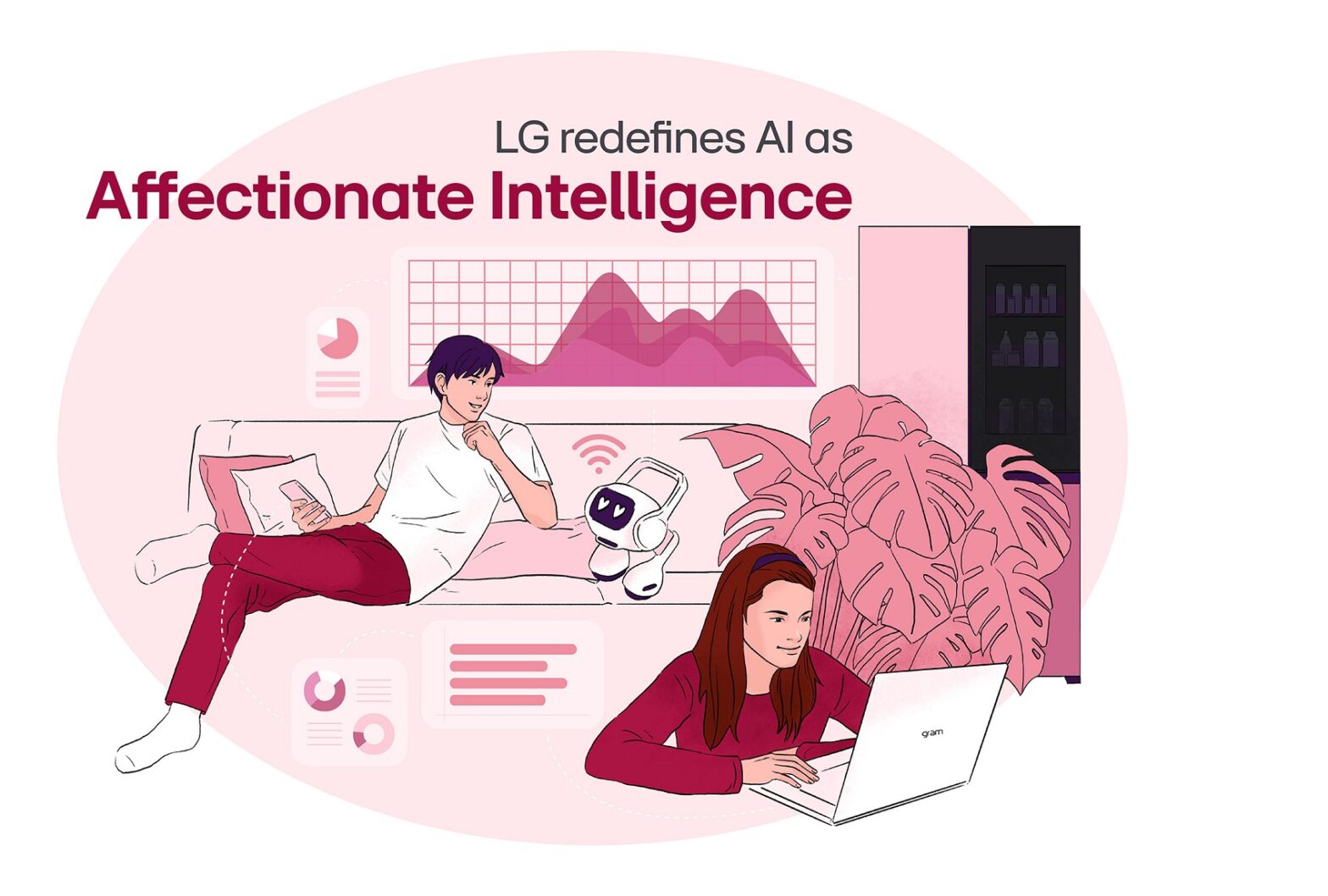An illustration a man and a woman with LG products and the words 'LG redefines AI as Affectionate Intelligence'