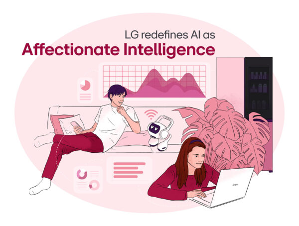 An illustration a man and a woman next to LG products with the words 'LG redefines AI as Affectionate Intelligence'