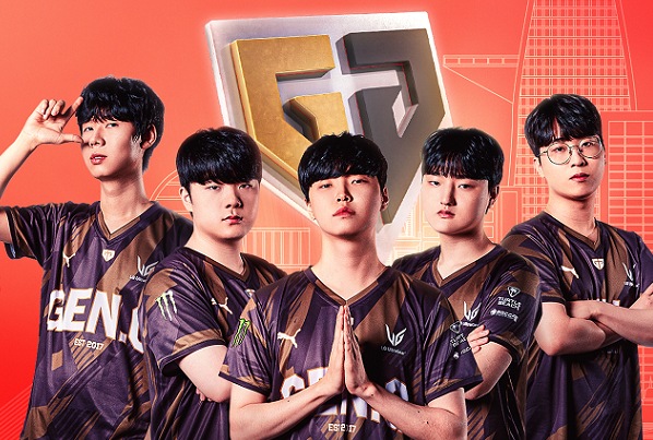 Photo of five members of the Gen.G Esports team attending the event, with the Gen.G logo in the background