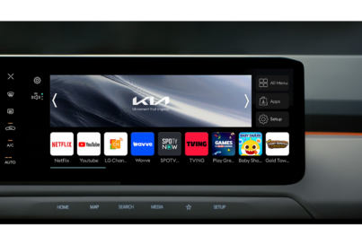 An illustration of various content platforms offered by LG Channels are displayed on the Kia EV3’s in-car screen