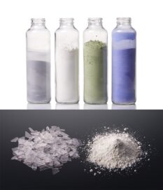 A photo of the LG PuroTecTM glass powder in four different colors and two different textures