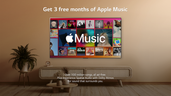An LG Smart TV displays the Apple Music logo, and overlaying text highlights a promotion offering 3 free months of Apple Music supported by Spatial Audio with Dolby Atmos