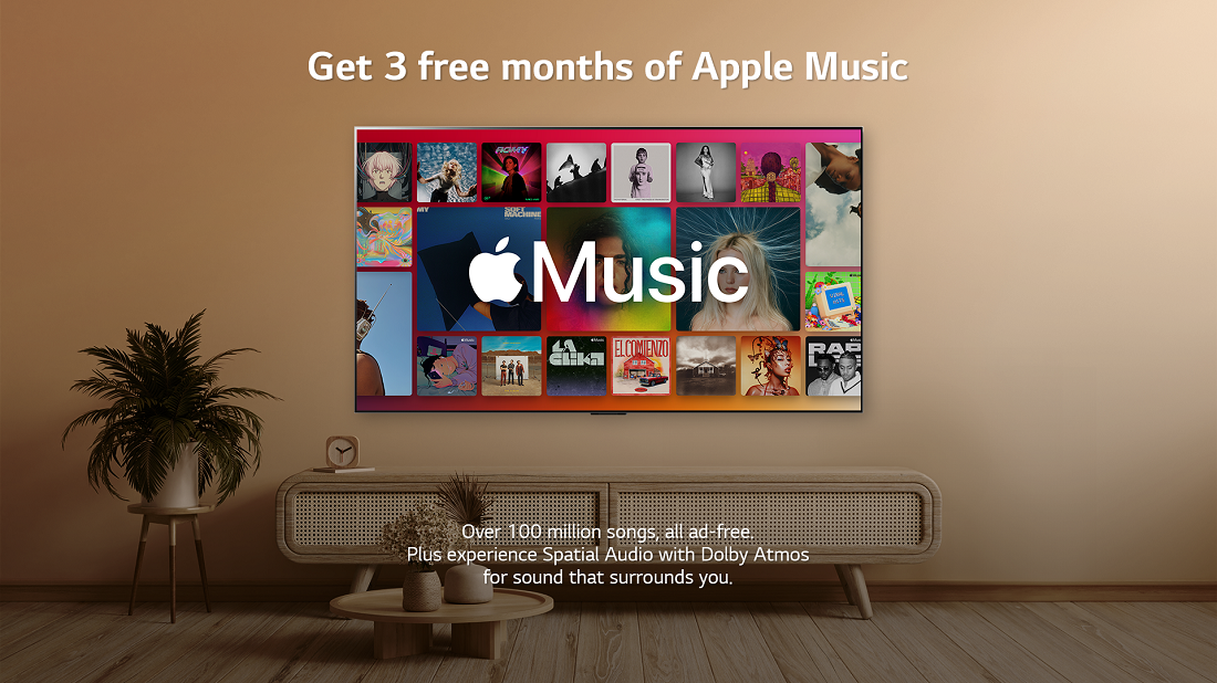 An LG Smart TV displays the Apple Music logo, and overlaying text highlights a promotion offering 3 free months of Apple Music supported by Spatial Audio with Dolby Atmos