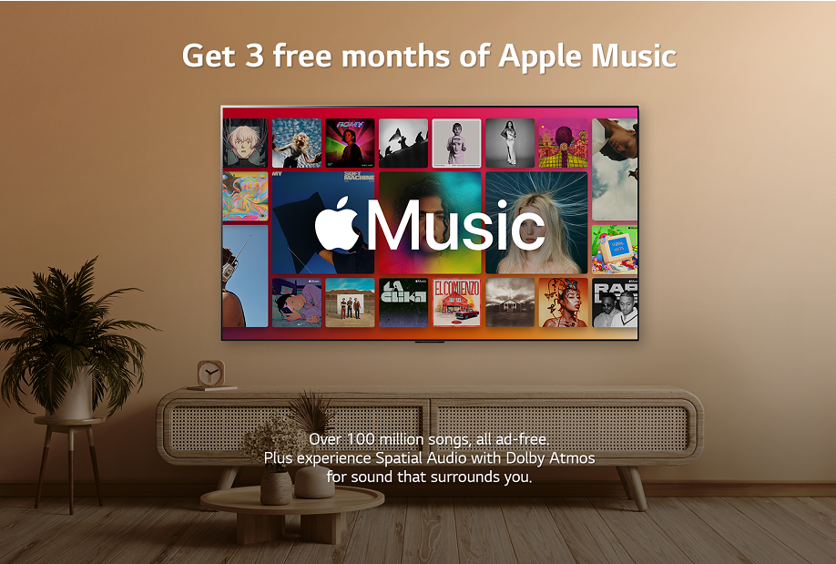 LG Smart TV displays the Apple Music logo, and overlaying text highlights a promotion offering 3 free months of Apple Music supported by Spatial Audio with Dolby Atmos