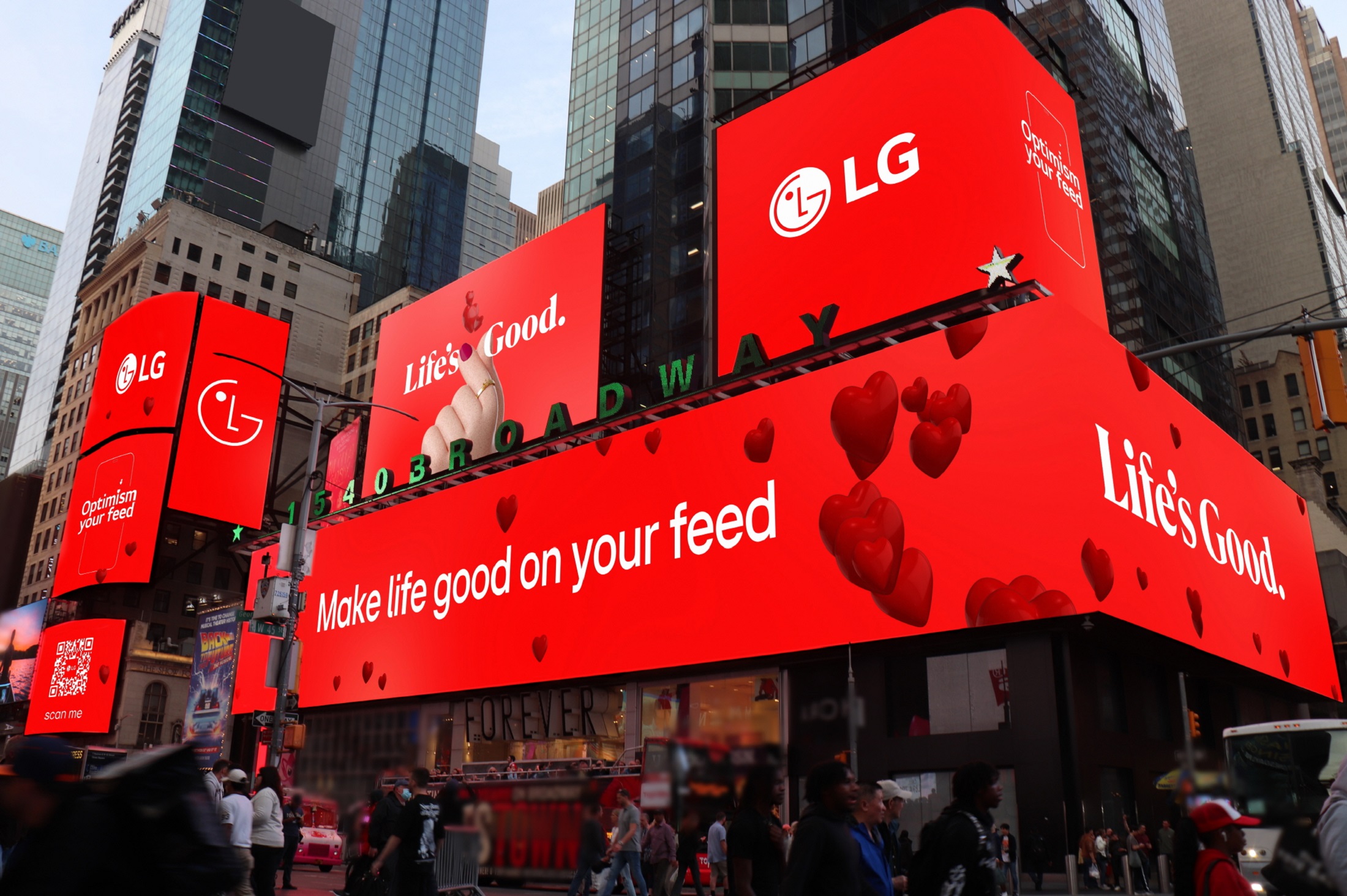 A picture of a billboard with LG's logo and slogans for 'Optimism your feed'