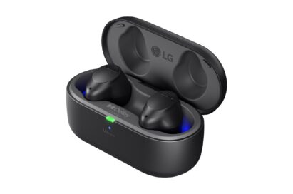 A pair of black LG TONE Free T90S earbuds sits in an open UVnano charging case