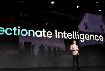 A photo of LG CEO William Cho on stage talking in front of the words Affectionate Intelligence