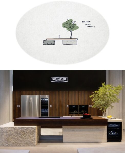 An illustration of the sketch of the kitchen display area and the actual product image below it