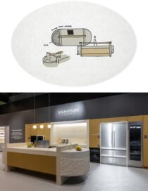 An illustration of the kitchen area and a picture of the actual area itself