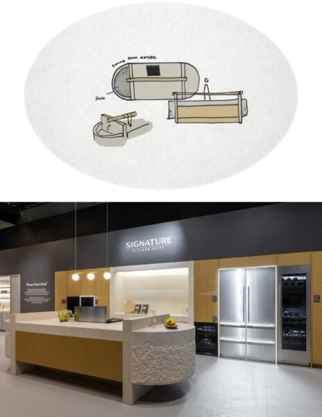 An illustration of the kitchen area and a picture of the actual area itself 