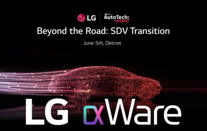 A photo of car featuring design elements with official logos of LG and AutoTech: Detroit on top, and the LG AlphaWare logo at the bottom