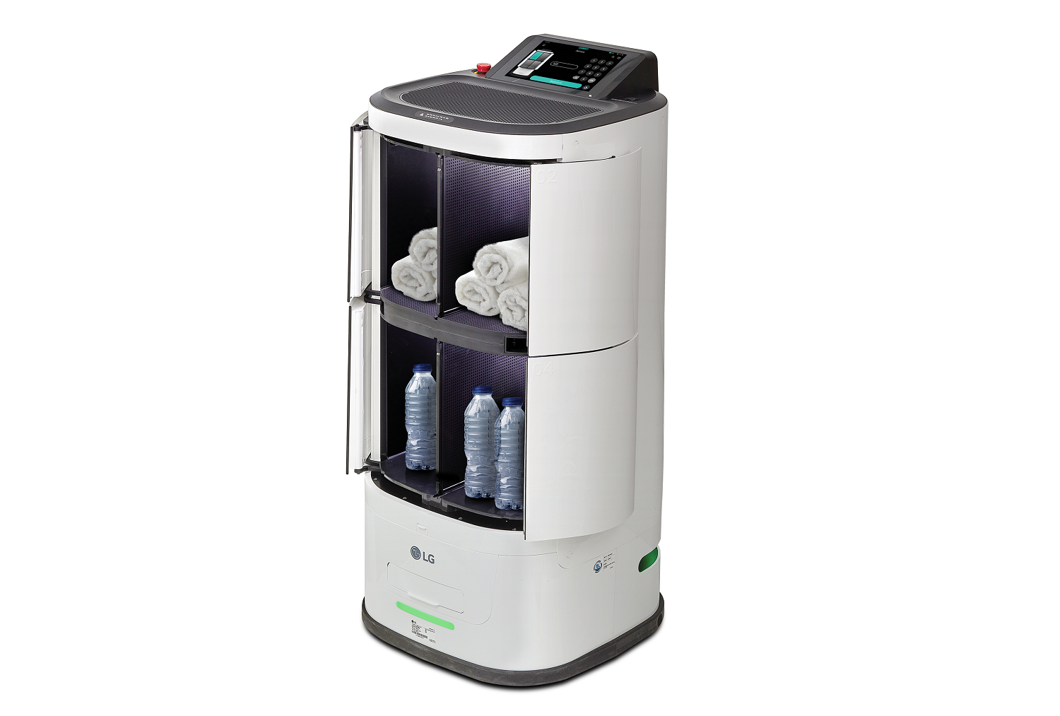 The new LG CLOi ServeBot (model LDLIM31) with a towel and water bottle amenities inside the storage space