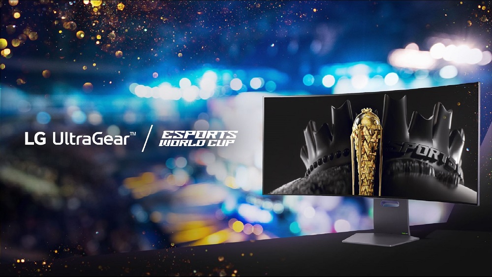 The official logos of the LG UltraGear brand and Esports World Cup, along with an LG UltraGear OLED gaming monitor