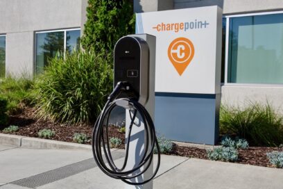 A photo of the right side of the newly combined LG - ChargePoint EV charger with the official ChargePoint logo at the back