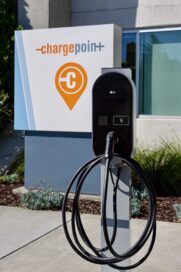 A photo of the front side of the newly combined LG - ChagePoint EV charger with the official ChargePoint logo at the back