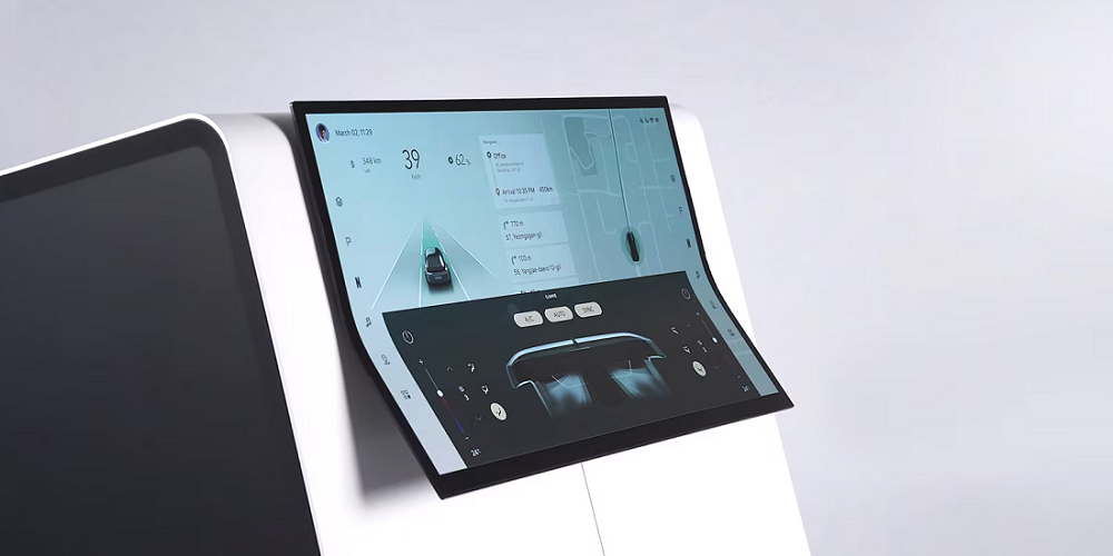 A photo of automotive displays with flexible, distortion-free OLED technology