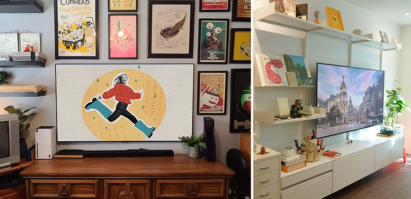 Two pictures combines including OLED TVs in different settings with artwork displayed on it