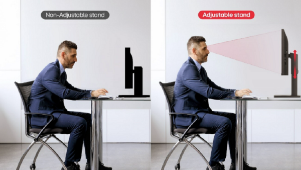 A comparison of a man with an adjustable stand and without one