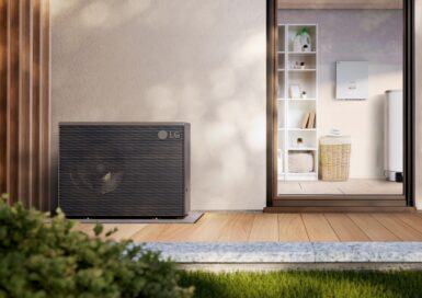 A photo of the LG Therma V™ R290 Monobloc 7 and 9 kilowatt(kW) air-to-water heat pump (AWHP) set up in a residential outdoor space