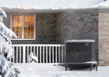 A photo of the LG Therma V™ R290 Monobloc 7 and 9 kilowatt(kW) air-to-water heat pump (AWHP) set up in a residential outdoor space