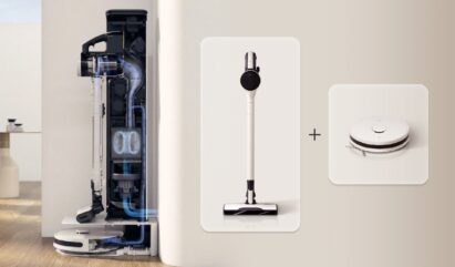 A photo of the LG CordZero™ All-In-One Tower Combi, the CordZero A9X stick vacuum and the CordZero R5 robot vacuum