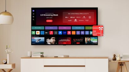 A wall-mounted LG OLED TV displays the LG Streaming Week event on its home screen, highlighting a variety of streaming options featured in the promotion