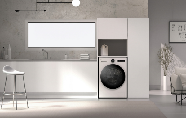 A photo of LG’s new enhanced capacity washer set up in a laundry room