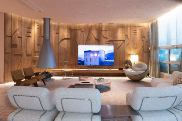 A living room-like setting with LG OLED M3
