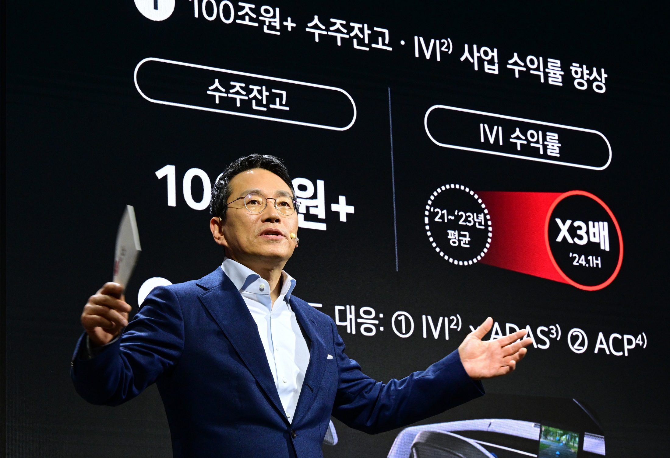 A picture of LG CEO William Cho talking at the investor forum making gestures with his hands