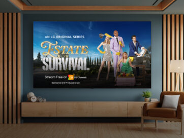 The large screen of an LG Smart TV displays a promotional poster of LG Original Series 'Estate of Survival,' set in a modern living room