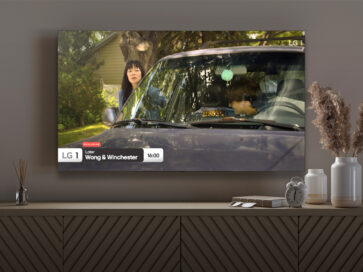 A wall-mounted TV in a cozy living room features a scene from 'Wong & Winchester' on the LG 1 Channel