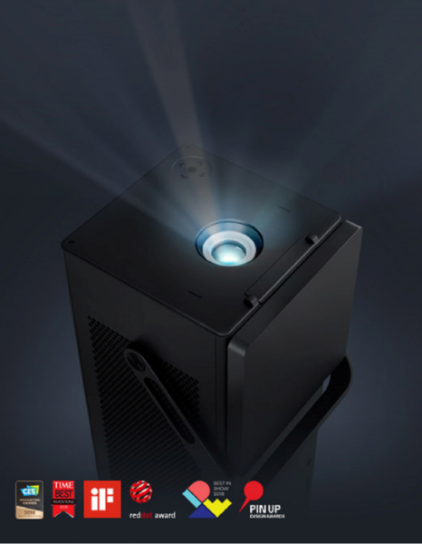 A close up picture of LG projector with logos of the awards it won
