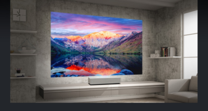 A picture of a living room-like setting with LG ProBeam