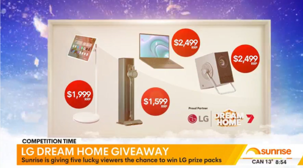 An image of the television channel screen of Sunrise on Channel Seven showing LG Dream Home-related content