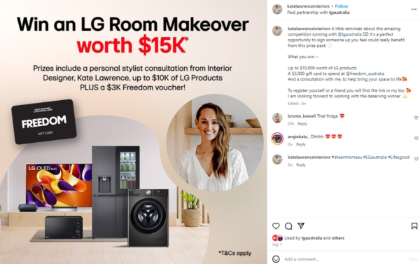 An image of an Instagram post uploaded about LG Dream Home