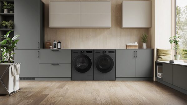A photo of LG’s latest washing machine and dryer set up in living space
