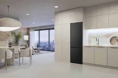 A photo of the new LG bottom-freezer set up in a kitchen