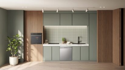 A photo of LG’s new 24-inch built-in InstaView™ oven and QuadWash™ dishwasher set up in a kitchen