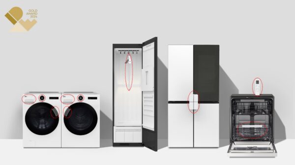 An image of a washer and dryer, styler, refrigerator and dishwasher next to each other